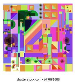Trendy geometrical vector illustration with elements and abstract colorful textures. Design for summer holiday poster, card, brochure, and promotion template. Fashion art print and background.