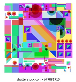 Trendy geometrical vector illustration with elements and abstract colorful textures. Design for summer holiday poster, card, brochure, and promotion template. Fashion art print and background.