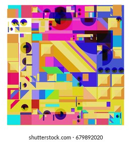Trendy geometrical vector illustration with elements and abstract colorful textures. Design for summer holiday poster, card, brochure, and promotion template. Fashion art print and background.