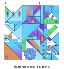Trendy geometrical vector illustration with elements and abstract colorful textures. Design for summer holiday poster, card, brochure, and promotion template. Fashion art print and background.
