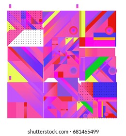 Trendy geometrical vector illustration with elements and abstract colorful textures. Design for summer holiday poster, card, brochure, and promotion template. Fashion art print and background.