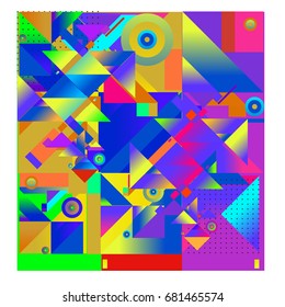 Trendy geometrical vector illustration with elements and abstract colorful textures. Design for summer holiday poster, card, brochure, and promotion template. Fashion art print and background.