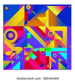 Trendy geometrical vector illustration with elements and abstract colorful textures. Design for summer holiday poster, card, brochure, and promotion template. Fashion art print and background.