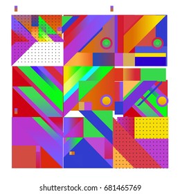 Trendy geometrical vector illustration with elements and abstract colorful textures. Design for summer holiday poster, card, brochure, and promotion template. Fashion art print and background.