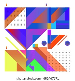 Trendy geometrical vector illustration with elements and abstract colorful textures. Design for summer holiday poster, card, brochure, and promotion template. Fashion art print and background.