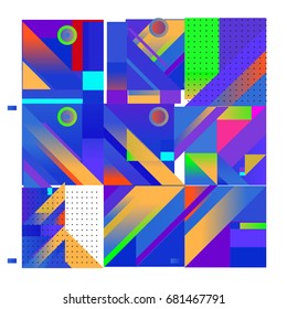 Trendy geometrical vector illustration with elements and abstract colorful textures. Design for summer holiday poster, card, brochure, and promotion template. Fashion art print and background.