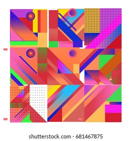 Trendy geometrical vector illustration with elements and abstract colorful textures. Design for summer holiday poster, card, brochure, and promotion template. Fashion art print and background.