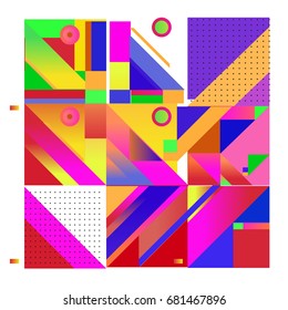 Trendy geometrical vector illustration with elements and abstract colorful textures. Design for summer holiday poster, card, brochure, and promotion template. Fashion art print and background.
