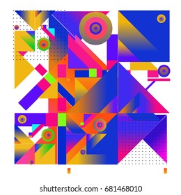 Trendy geometrical vector illustration with elements and abstract colorful textures. Design for summer holiday poster, card, brochure, and promotion template. Fashion art print and background.