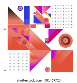 Trendy geometrical vector illustration with elements and abstract colorful textures. Design for summer holiday poster, card, brochure, and promotion template. Fashion art print and background.