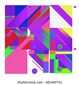Trendy geometrical vector illustration with elements and abstract colorful textures. Design for summer holiday poster, card, brochure, and promotion template. Fashion art print and background.