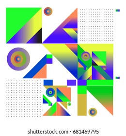 Trendy geometrical vector illustration with elements and abstract colorful textures. Design for summer holiday poster, card, brochure, and promotion template. Fashion art print and background.