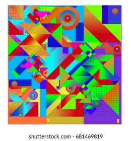 Trendy geometrical vector illustration with elements and abstract colorful textures. Design for summer holiday poster, card, brochure, and promotion template. Fashion art print and background.