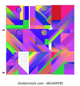 Trendy geometrical vector illustration with elements and abstract colorful textures. Design for summer holiday poster, card, brochure, and promotion template. Fashion art print and background.