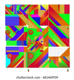 Trendy geometrical vector illustration with elements and abstract colorful textures. Design for summer holiday poster, card, brochure, and promotion template. Fashion art print and background.
