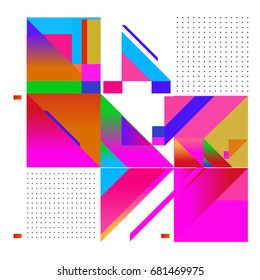 Trendy geometrical vector illustration with elements and abstract colorful textures. Design for summer holiday poster, card, brochure, and promotion template. Fashion art print and background.