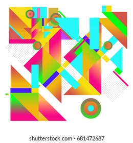 Trendy geometrical vector illustration with elements and abstract colorful textures. Design for summer holiday poster, card, brochure, and promotion template. Fashion art print and background.