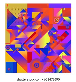 Trendy geometrical vector illustration with elements and abstract colorful textures. Design for summer holiday poster, card, brochure, and promotion template. Fashion art print and background.