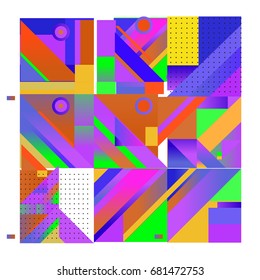 Trendy geometrical vector illustration with elements and abstract colorful textures. Design for summer holiday poster, card, brochure, and promotion template. Fashion art print and background.