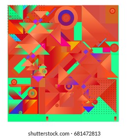 Trendy geometrical vector illustration with elements and abstract colorful textures. Design for summer holiday poster, card, brochure, and promotion template. Fashion art print and background.