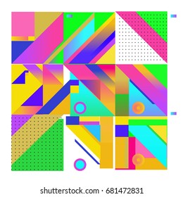 Trendy geometrical vector illustration with elements and abstract colorful textures. Design for summer holiday poster, card, brochure, and promotion template. Fashion art print and background.