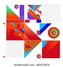 Trendy geometrical vector illustration with elements and abstract colorful textures. Design for summer holiday poster, card, brochure, and promotion template. Fashion art print and background.