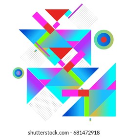 Trendy geometrical vector illustration with elements and abstract colorful textures. Design for summer holiday poster, card, brochure, and promotion template. Fashion art print and background.