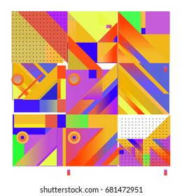 Trendy geometrical vector illustration with elements and abstract colorful textures. Design for summer holiday poster, card, brochure, and promotion template. Fashion art print and background.