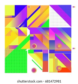Trendy geometrical vector illustration with elements and abstract colorful textures. Design for summer holiday poster, card, brochure, and promotion template. Fashion art print and background.