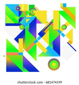 Trendy geometrical vector illustration with elements and abstract colorful textures. Design for summer holiday poster, card, brochure, and promotion template. Fashion art print and background.