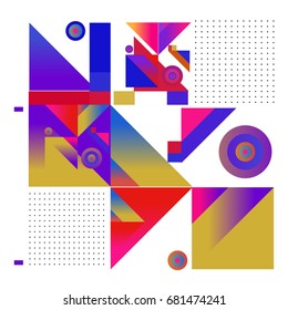 Trendy geometrical vector illustration with elements and abstract colorful textures. Design for summer holiday poster, card, brochure, and promotion template. Fashion art print and background.