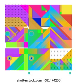 Trendy geometrical vector illustration with elements and abstract colorful textures. Design for summer holiday poster, card, brochure, and promotion template. Fashion art print and background.