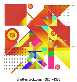 Trendy geometrical vector illustration with elements and abstract colorful textures. Design for summer holiday poster, card, brochure, and promotion template. Fashion art print and background.