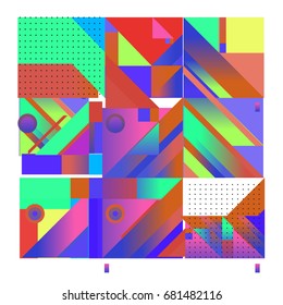 Trendy geometrical vector illustration with elements and abstract colorful textures. Design for summer holiday poster, card, brochure, and promotion template. Fashion art print and background.