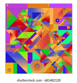 Trendy geometrical vector illustration with elements and abstract colorful textures. Design for summer holiday poster, card, brochure, and promotion template. Fashion art print and background.
