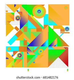 Trendy geometrical vector illustration with elements and abstract colorful textures. Design for summer holiday poster, card, brochure, and promotion template. Fashion art print and background.