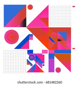 Trendy geometrical vector illustration with elements and abstract colorful textures. Design for summer holiday poster, card, brochure, and promotion template. Fashion art print and background.