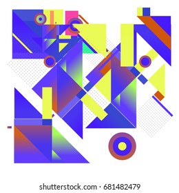 Trendy geometrical vector illustration with elements and abstract colorful textures. Design for summer holiday poster, card, brochure, and promotion template. Fashion art print and background.