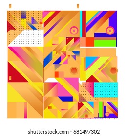 Trendy geometrical vector illustration with elements and abstract colorful textures. Design for summer holiday poster, card, brochure, and promotion template. Fashion art print and background.