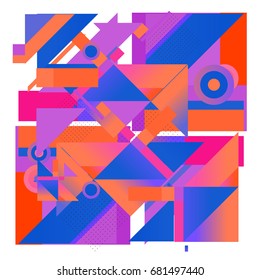Trendy geometrical vector illustration with elements and abstract colorful textures. Design for summer holiday poster, card, brochure, and promotion template. Fashion art print and background.