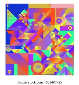 Trendy geometrical vector illustration with elements and abstract colorful textures. Design for summer holiday poster, card, brochure, and promotion template. Fashion art print and background.