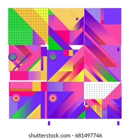 Trendy geometrical vector illustration with elements and abstract colorful textures. Design for summer holiday poster, card, brochure, and promotion template. Fashion art print and background.
