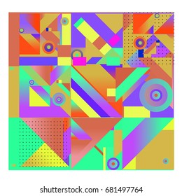 Trendy geometrical vector illustration with elements and abstract colorful textures. Design for summer holiday poster, card, brochure, and promotion template. Fashion art print and background.