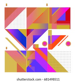 Trendy geometrical vector illustration with elements and abstract colorful textures. Design for summer holiday poster, card, brochure, and promotion template. Fashion art print and background.