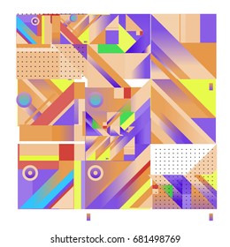 Trendy geometrical vector illustration with elements and abstract colorful textures. Design for summer holiday poster, card, brochure, and promotion template. Fashion art print and background.