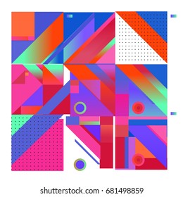Trendy geometrical vector illustration with elements and abstract colorful textures. Design for summer holiday poster, card, brochure, and promotion template. Fashion art print and background.