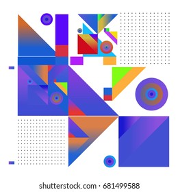 Trendy geometrical vector illustration with elements and abstract colorful textures. Design for summer holiday poster, card, brochure, and promotion template. Fashion art print and background.