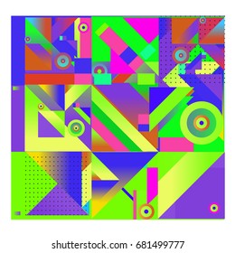 Trendy geometrical vector illustration with elements and abstract colorful textures. Design for summer holiday poster, card, brochure, and promotion template. Fashion art print and background.
