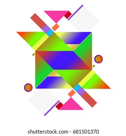 Trendy geometrical vector illustration with elements and abstract colorful textures. Design for summer holiday poster, card, brochure, and promotion template. Fashion art print and background.