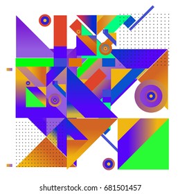 Trendy geometrical vector illustration with elements and abstract colorful textures. Design for summer holiday poster, card, brochure, and promotion template. Fashion art print and background.